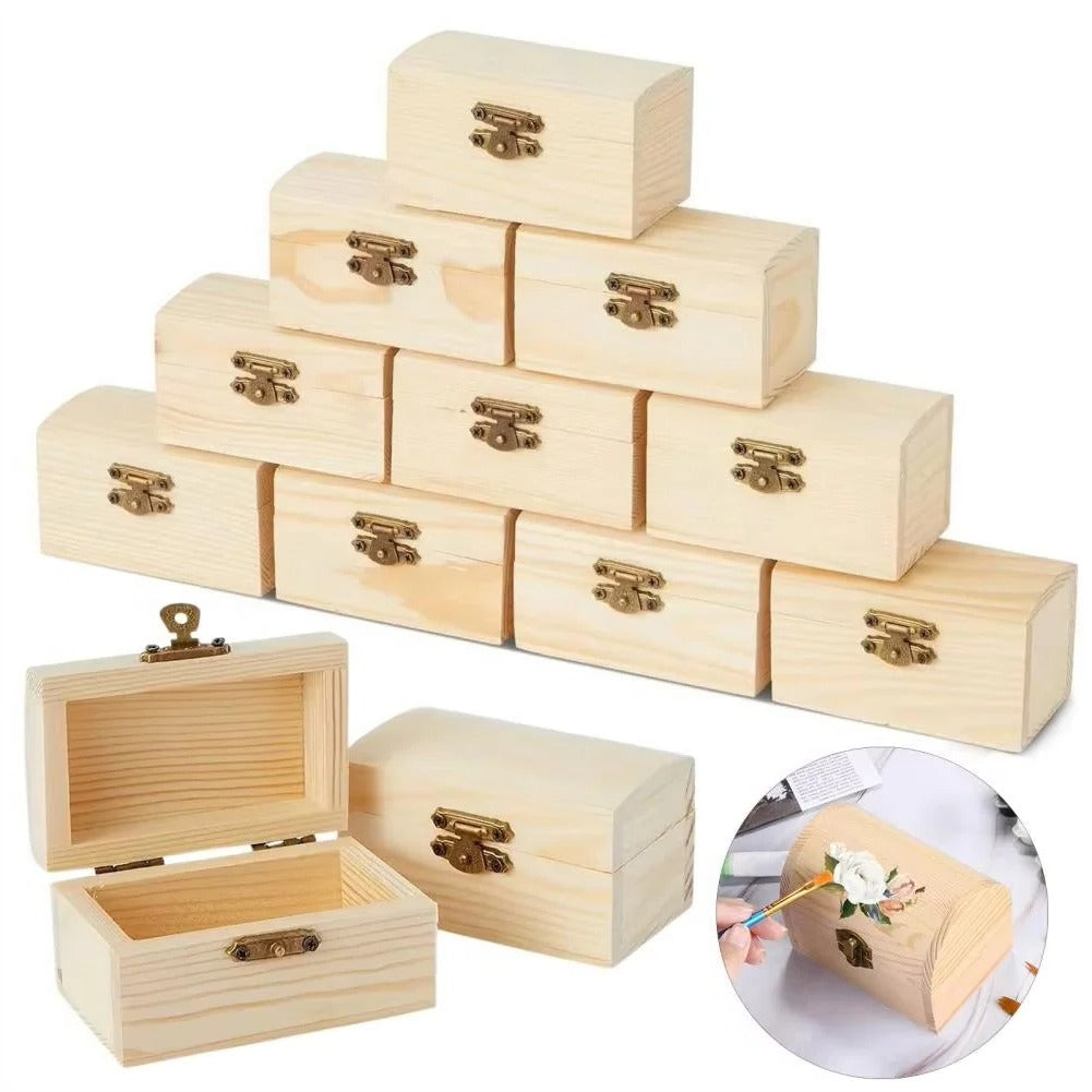 Pine Wood Treasure Chest with Hinged Lid and Locking Clasp for DIY Projects