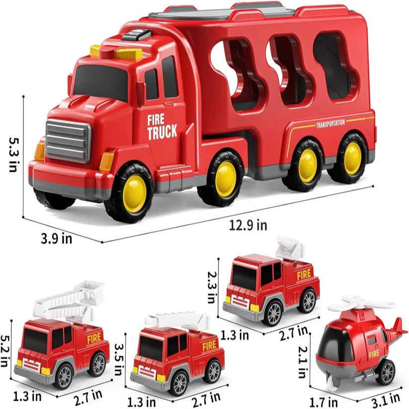 Fire Engine Transport Toy Set with Lights and 4 Friction Vehicles and Helicopter