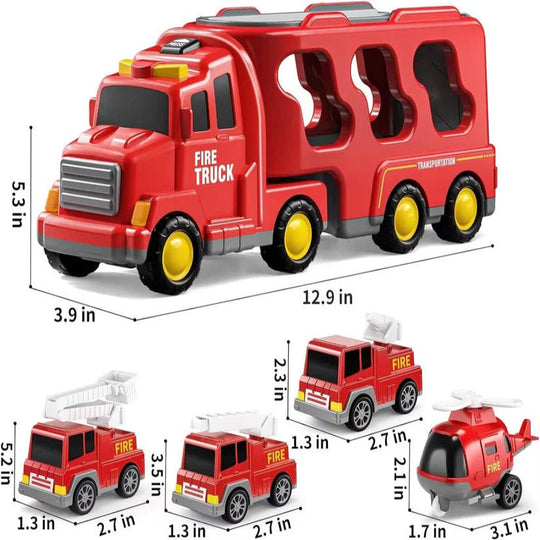 Fire Engine Transport Toy Set with Lights and 4 Friction Vehicles and Helicopter