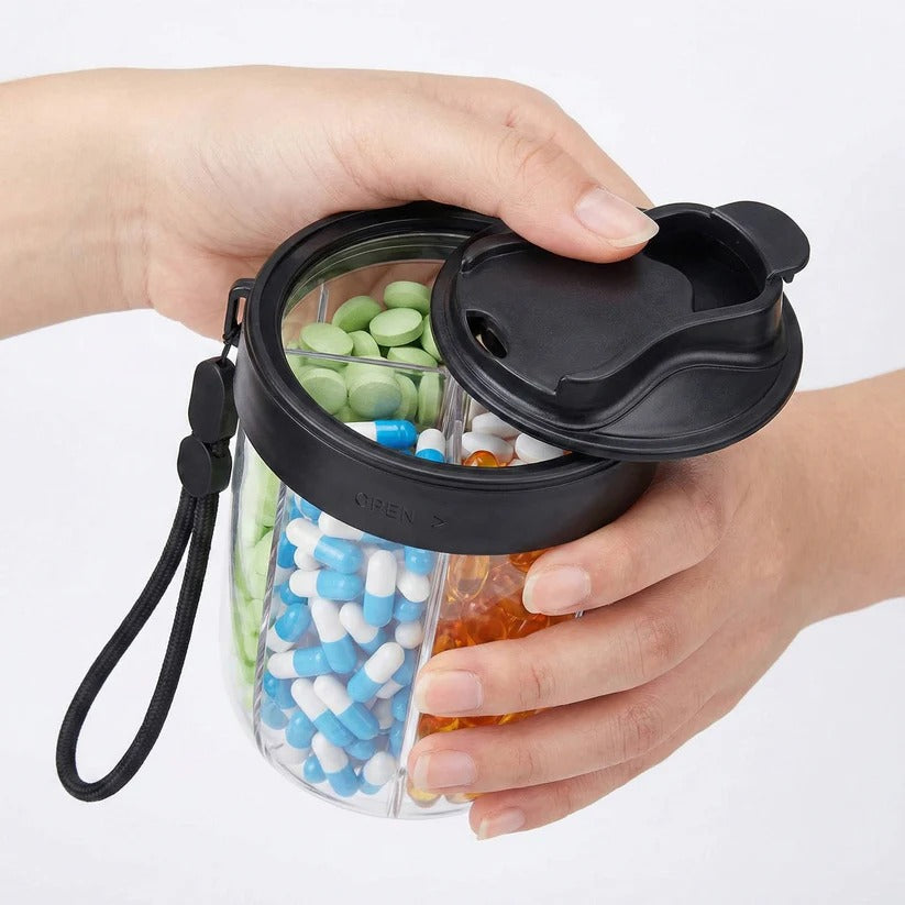 Weekly Pill Case with 4 Sections, Wide Opening Compartments and Carrying Strap for Travel