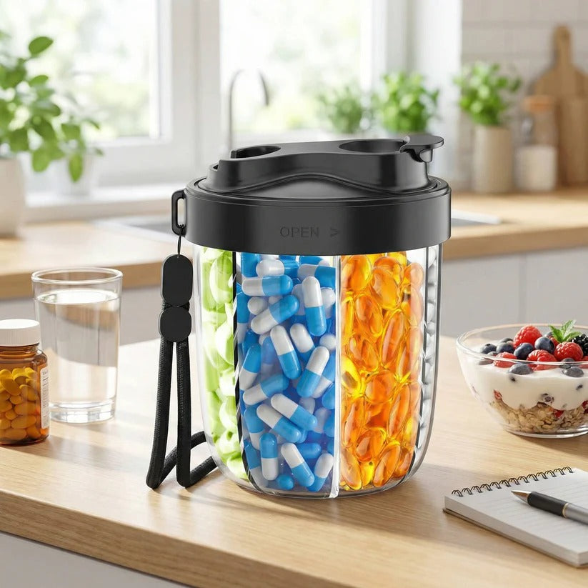 Weekly Pill Case with 4 Sections, Wide Opening Compartments and Carrying Strap for Travel