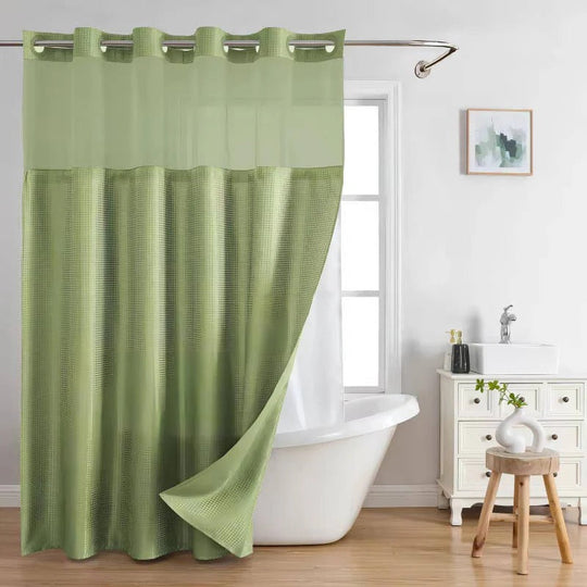 Waffle Weave Shower Curtain with Mesh Window and Snap-In Liner