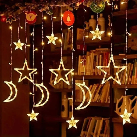 LED Star Moon Window Curtain String Lights, 138 Inch Drop