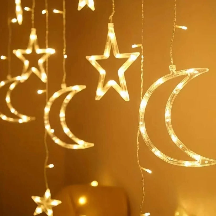 LED Star Moon Window Curtain String Lights, 138 Inch Drop