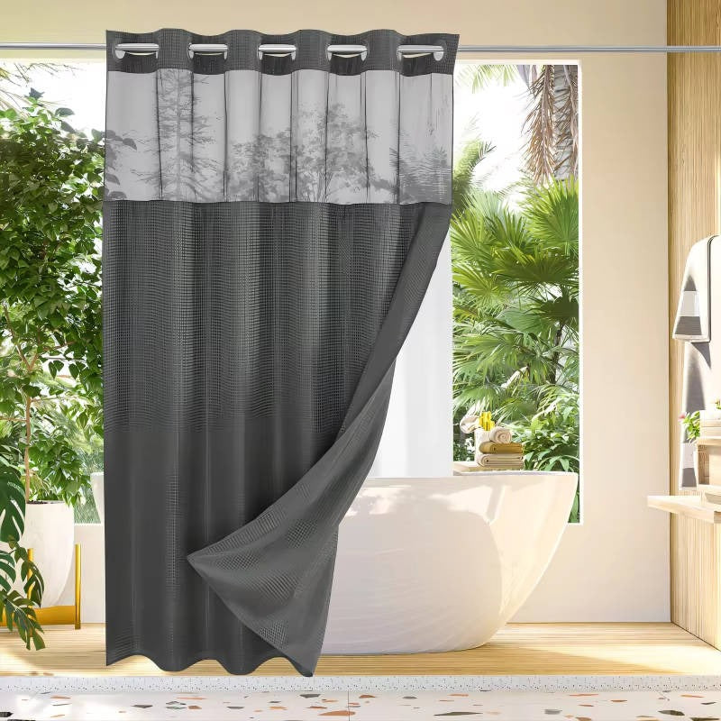 Waffle Weave Shower Curtain with Mesh Window and Snap-In Liner