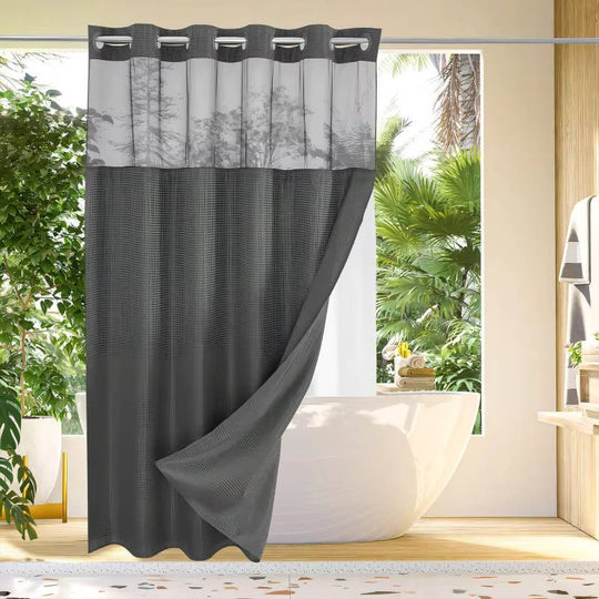 Waffle Weave Shower Curtain with Mesh Window and Snap-In Liner