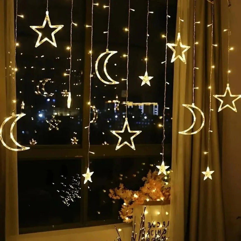 LED Star Moon Window Curtain String Lights, 138 Inch Drop