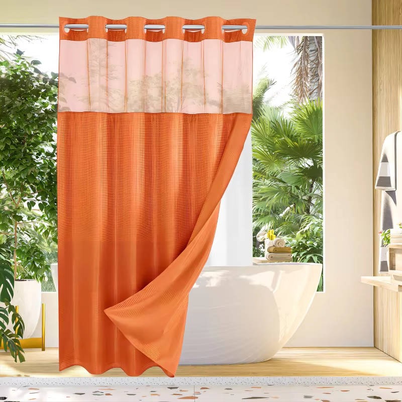 Waffle Weave Shower Curtain with Mesh Window and Snap-In Liner