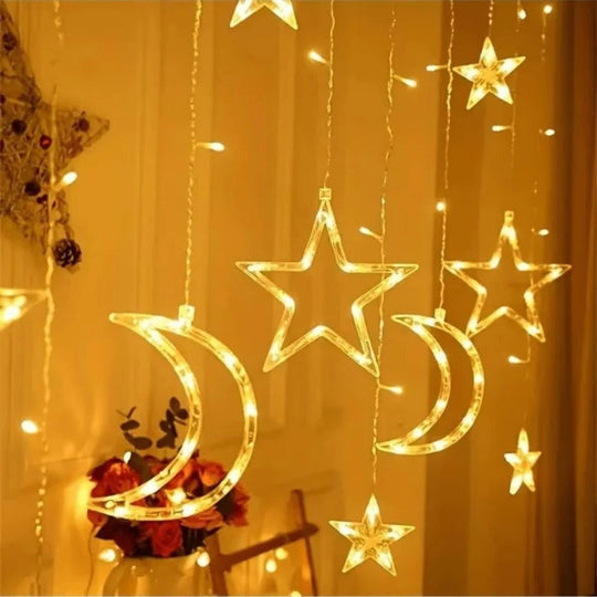 LED Star Moon Window Curtain String Lights, 138 Inch Drop