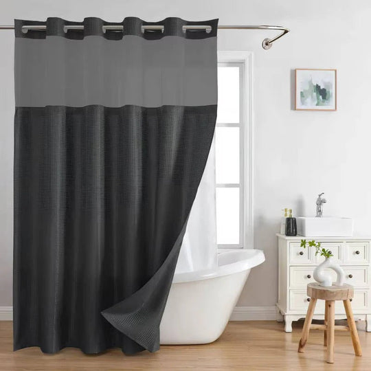 Waffle Weave Shower Curtain with Mesh Window and Snap-In Liner