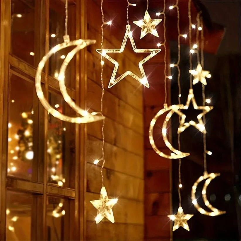 LED Star Moon Window Curtain String Lights, 138 Inch Drop