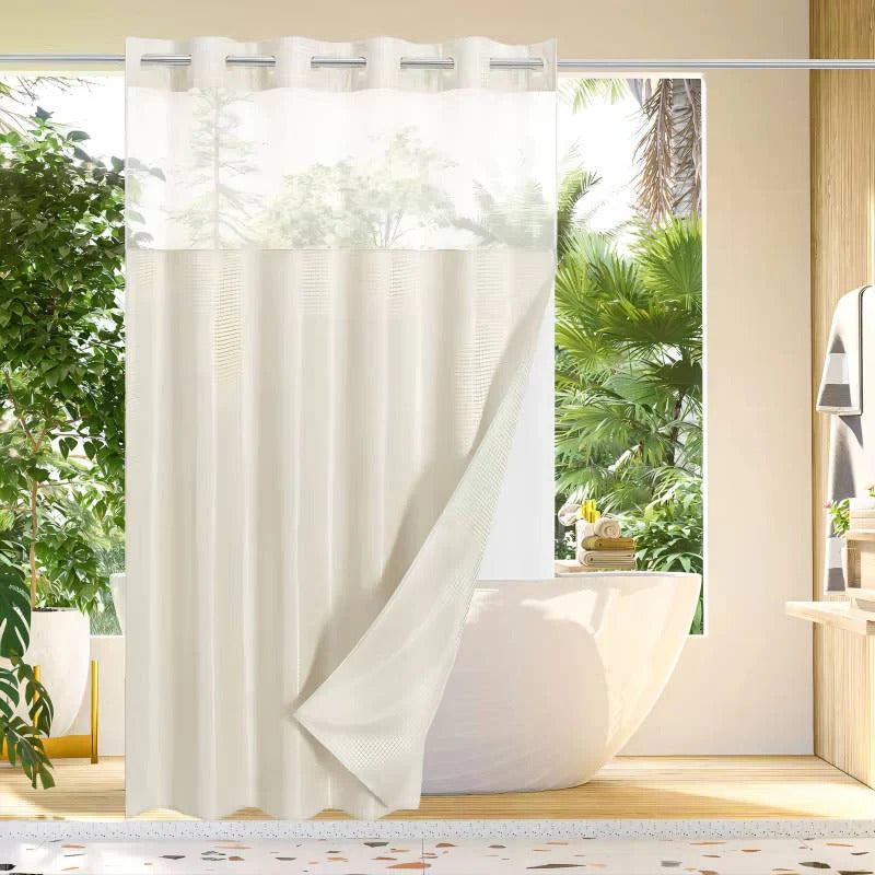 Waffle Weave Shower Curtain with Mesh Window and Snap-In Liner