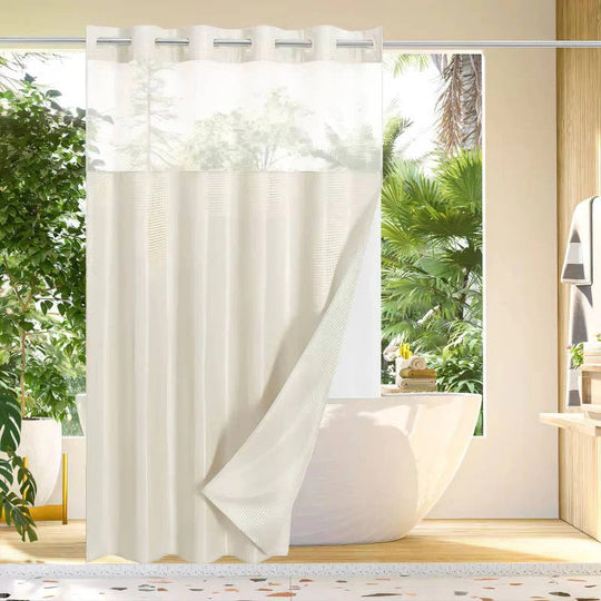 Waffle Weave Shower Curtain with Mesh Window and Snap-In Liner