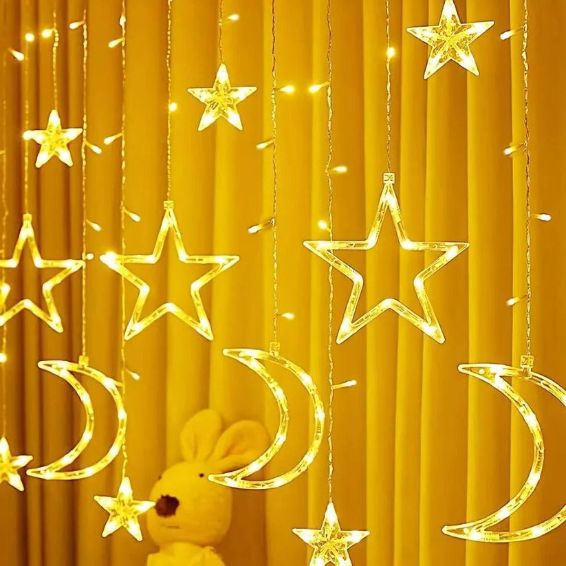 LED Star Moon Window Curtain String Lights, 138 Inch Drop