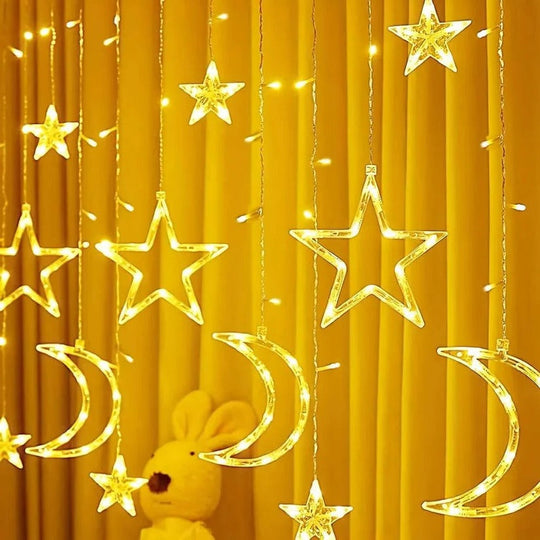 LED Star Moon Window Curtain String Lights, 138 Inch Drop
