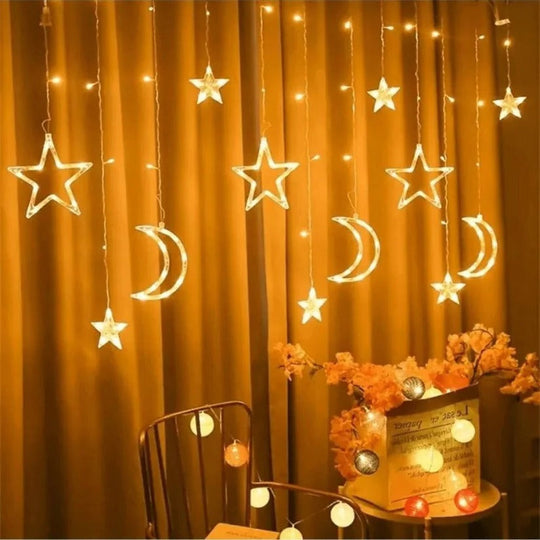 LED Star Moon Window Curtain String Lights, 138 Inch Drop