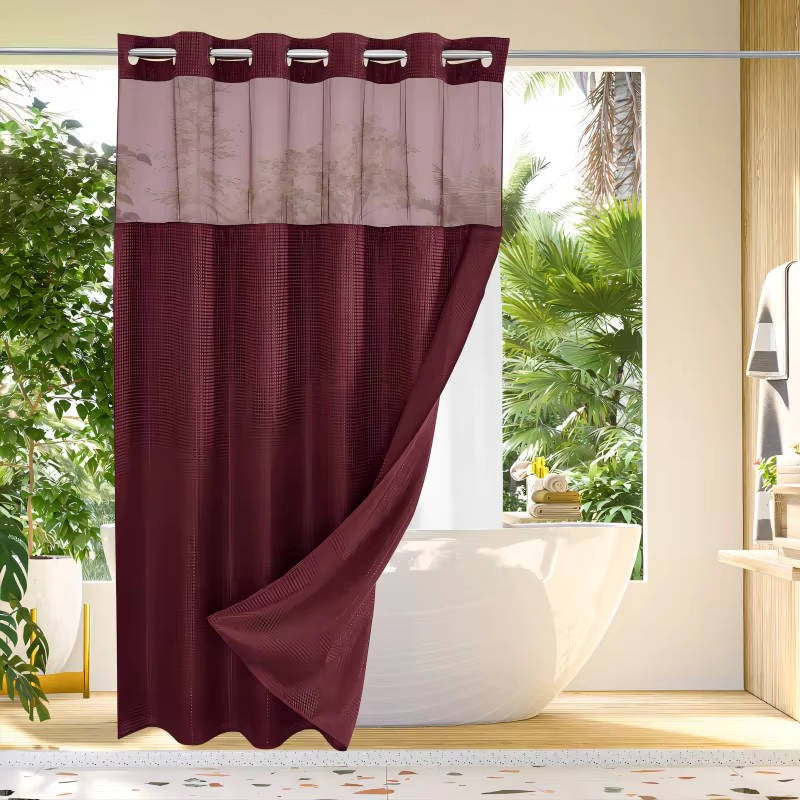Waffle Weave Shower Curtain with Mesh Window and Snap-In Liner