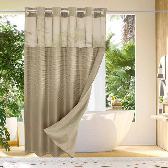 Waffle Weave Shower Curtain with Mesh Window and Snap-In Liner