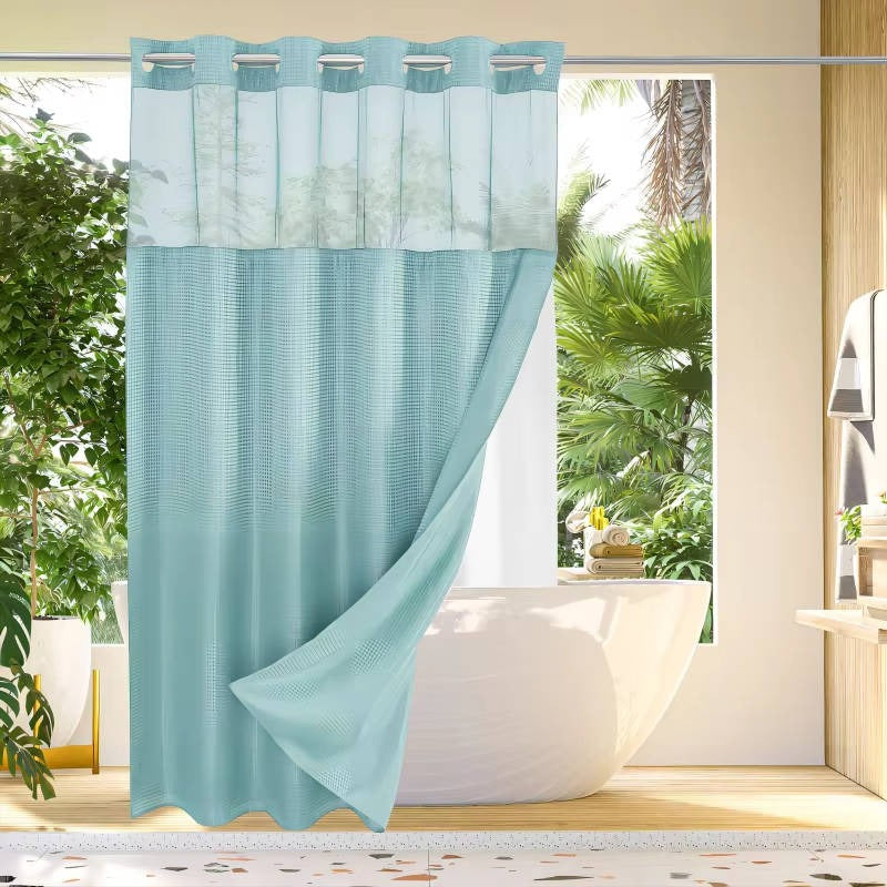 Waffle Weave Shower Curtain with Mesh Window and Snap-In Liner