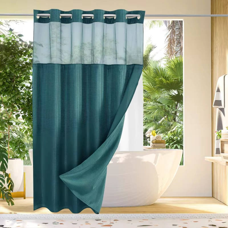 Waffle Weave Shower Curtain with Mesh Window and Snap-In Liner