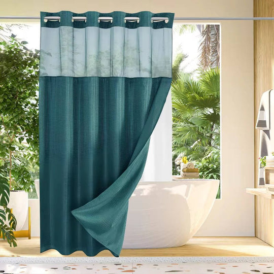 Waffle Weave Shower Curtain with Mesh Window and Snap-In Liner