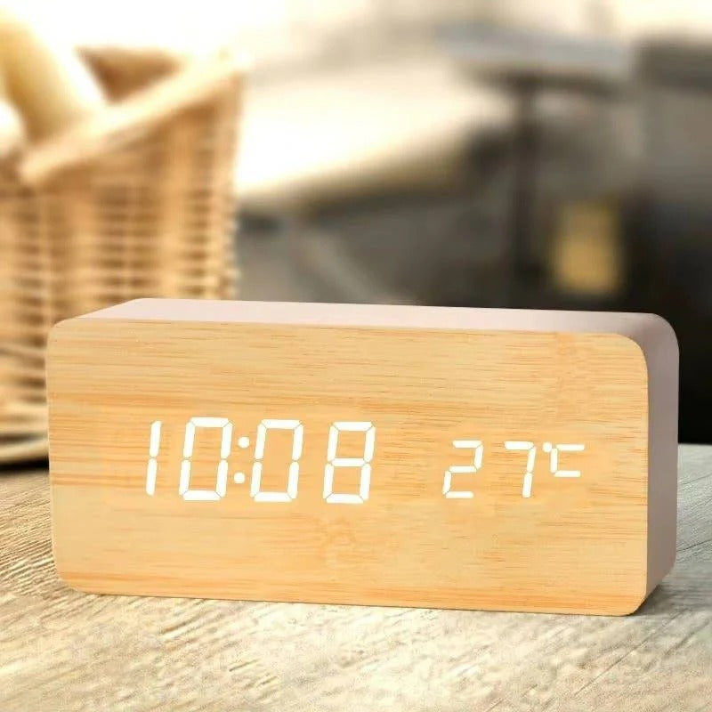 Digital Wood Grain Alarm Clock with 3 Alarms and Adjustable Brightness