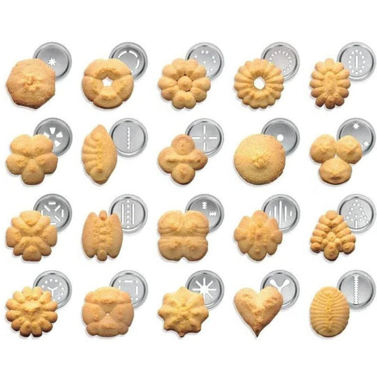Aluminium Cookie Press Set with 20 Disc Shapes and 4 Piping Nozzles