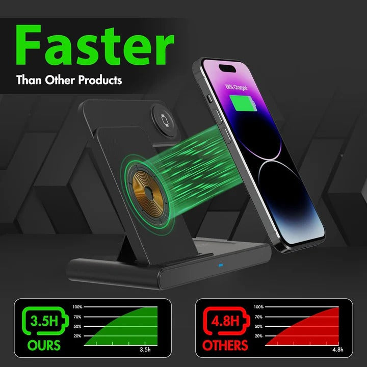 3-Device Wireless Charging Stand for Compatible Phones, Watches & Earbuds