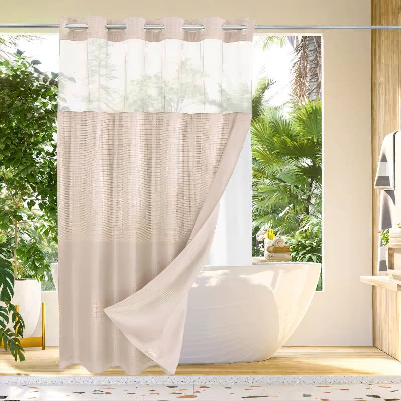 Waffle Weave Shower Curtain with Mesh Window and Snap-In Liner