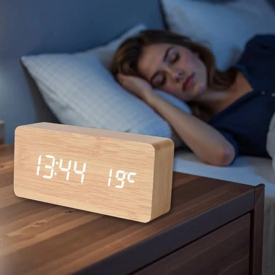 Digital Wood Grain Alarm Clock with 3 Alarms and Adjustable Brightness