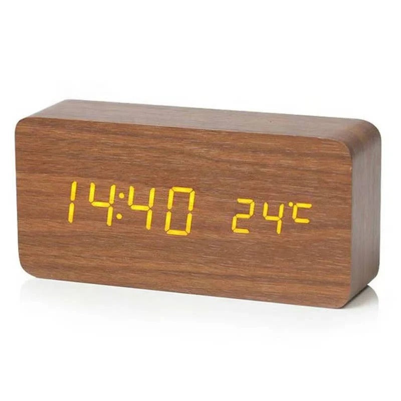 Digital Wood Grain Alarm Clock with 3 Alarms and Adjustable Brightness