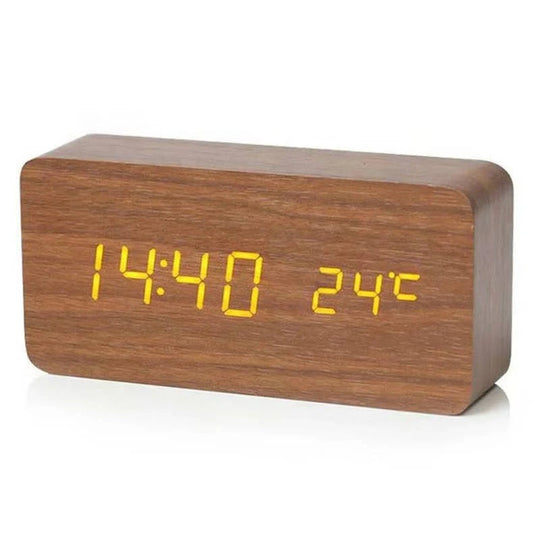 Digital Wood Grain Alarm Clock with 3 Alarms and Adjustable Brightness