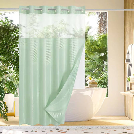 Waffle Weave Shower Curtain with Mesh Window and Snap-In Liner