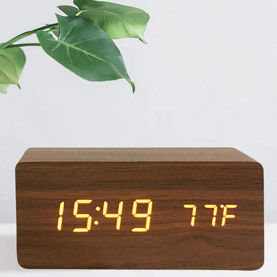 Digital Wood Grain Alarm Clock with 3 Alarms and Adjustable Brightness