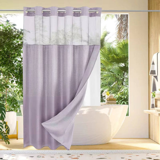 Waffle Weave Shower Curtain with Mesh Window and Snap-In Liner
