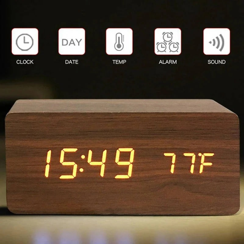 Digital Wood Grain Alarm Clock with 3 Alarms and Adjustable Brightness