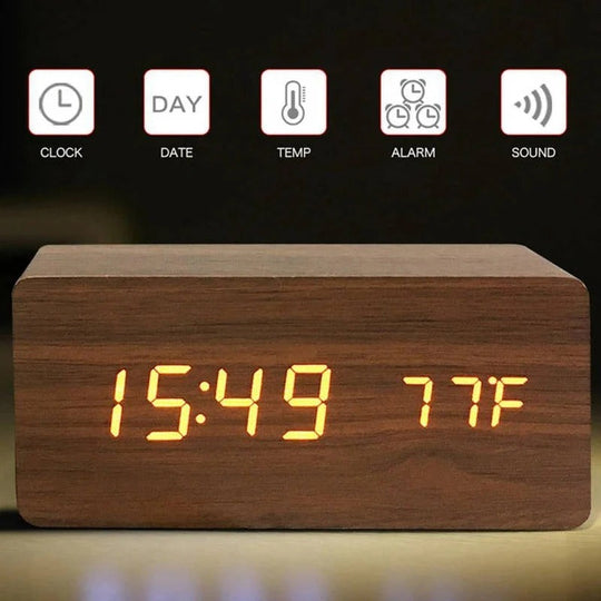 Digital Wood Grain Alarm Clock with 3 Alarms and Adjustable Brightness