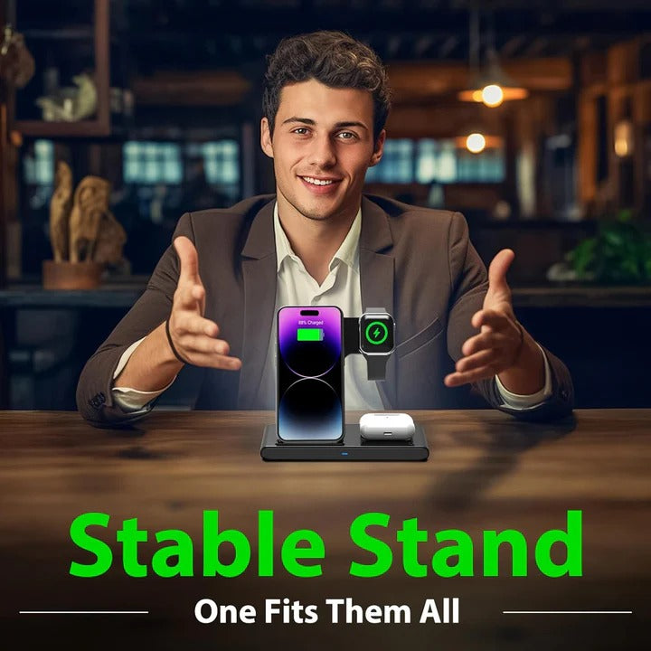 3-Device Wireless Charging Stand for Compatible Phones, Watches & Earbuds