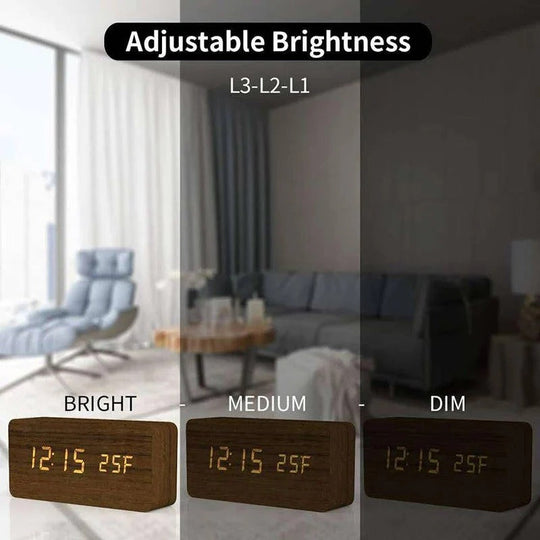 Digital Wood Grain Alarm Clock with 3 Alarms and Adjustable Brightness