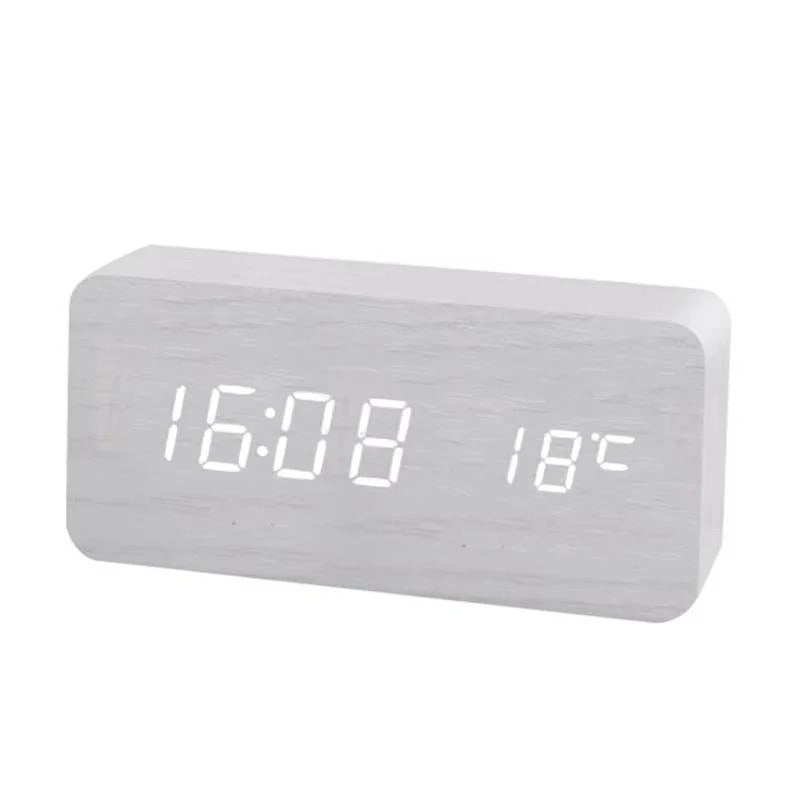 Digital Wood Grain Alarm Clock with 3 Alarms and Adjustable Brightness