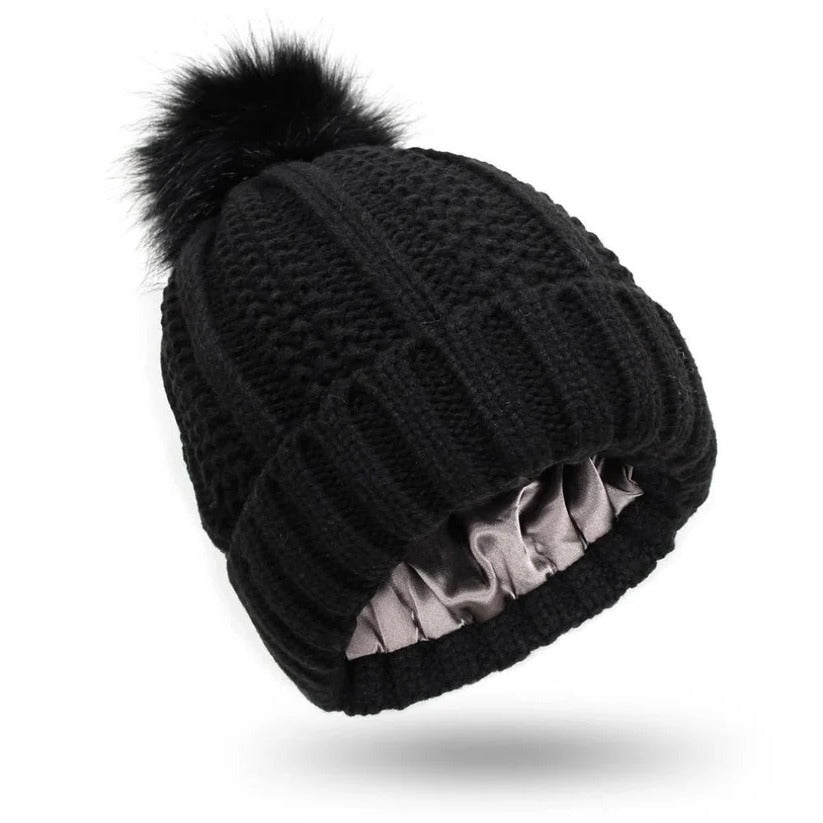 Silk Lined Pompom Beanie for Frizz Control and Static Free Hair