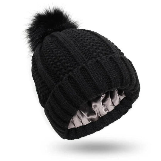 Silk Lined Pompom Beanie for Frizz Control and Static Free Hair