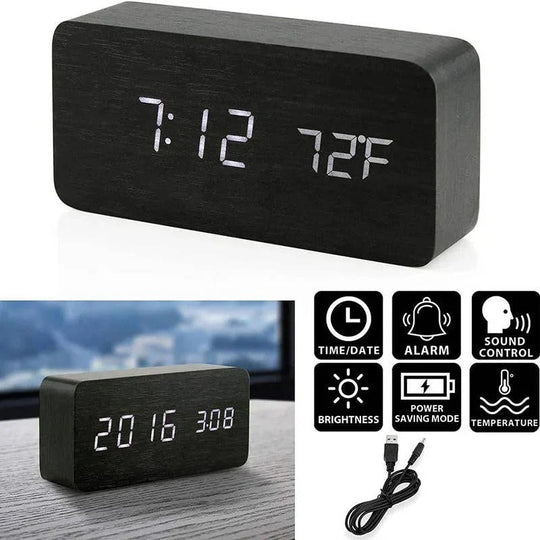 Digital Wood Grain Alarm Clock with 3 Alarms and Adjustable Brightness