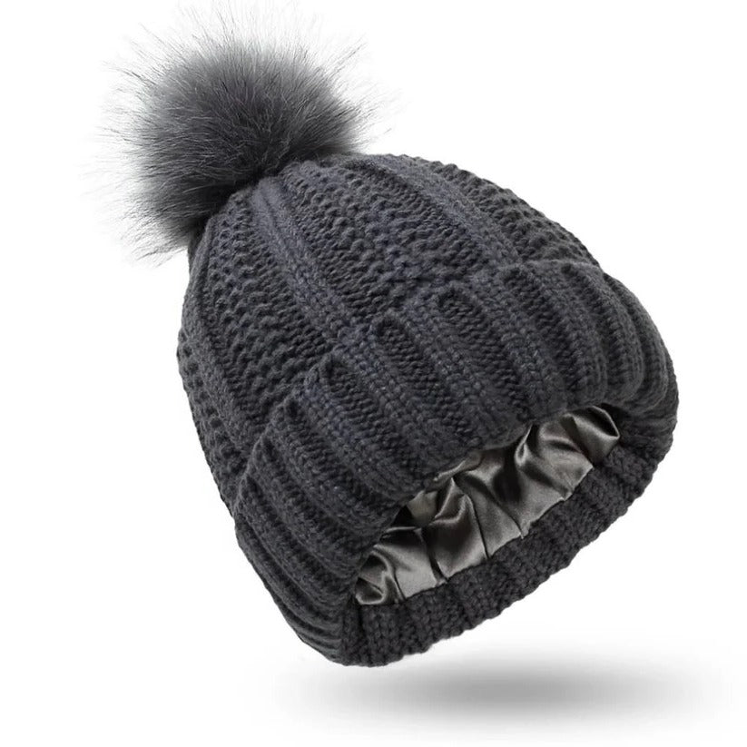 Silk Lined Pompom Beanie for Frizz Control and Static Free Hair