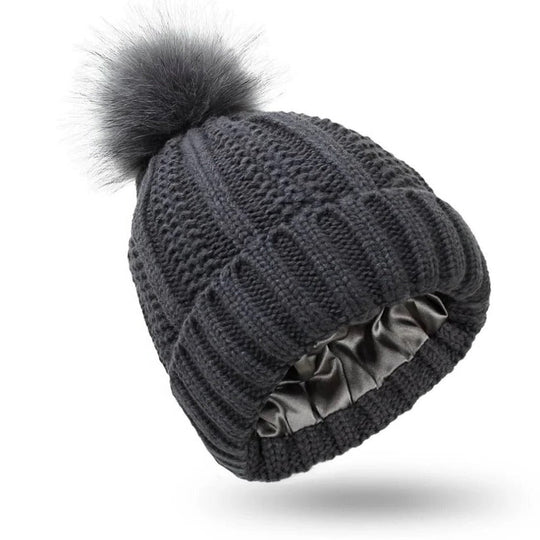 Silk Lined Pompom Beanie for Frizz Control and Static Free Hair