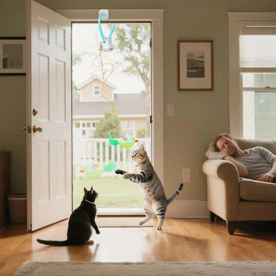 Automatic Rotating Feather Cat Toy with Clip Mount and Timer