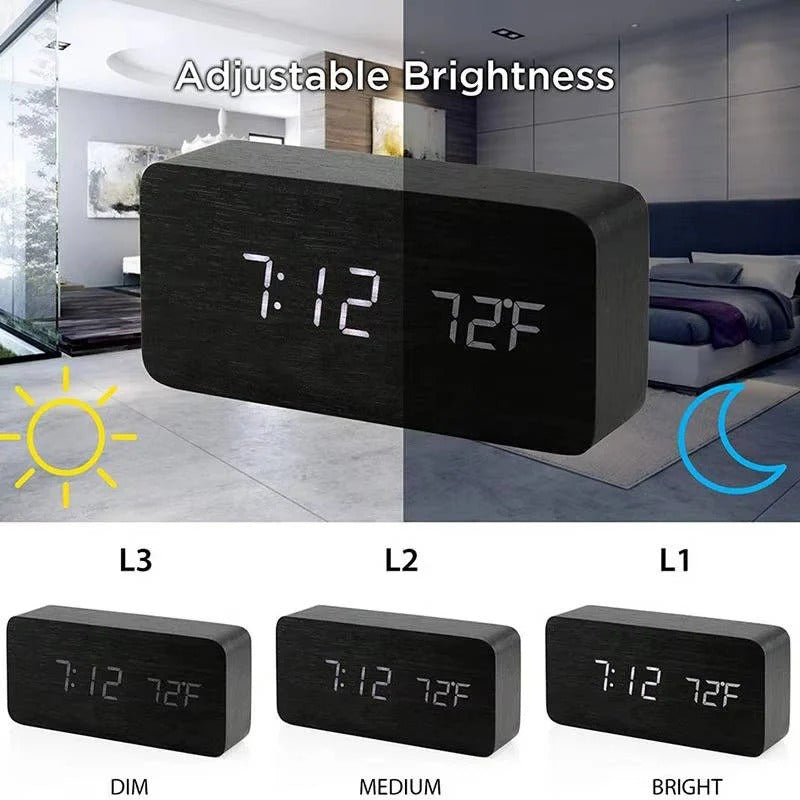 Digital Wood Grain Alarm Clock with 3 Alarms and Adjustable Brightness
