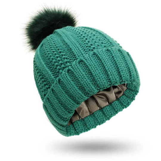 Silk Lined Pompom Beanie for Frizz Control and Static Free Hair