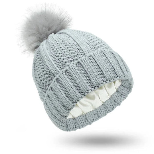 Silk Lined Pompom Beanie for Frizz Control and Static Free Hair