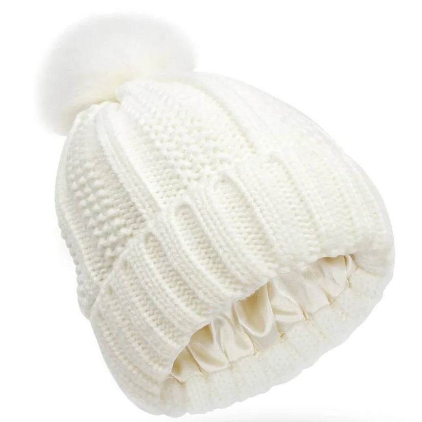 Silk Lined Pompom Beanie for Frizz Control and Static Free Hair